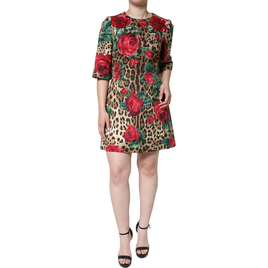 Dolce & Gabbana Brown Leopard Red Roses Cotton A-line Dress