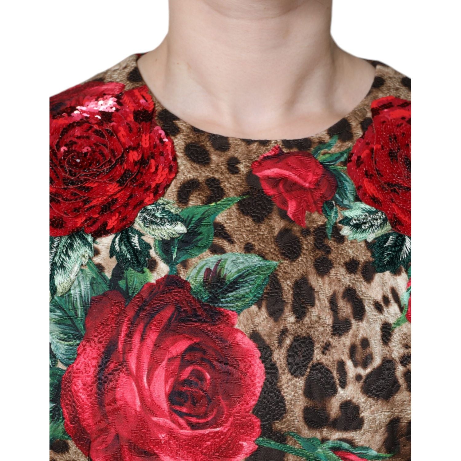 Dolce & Gabbana Brown Leopard Red Roses Cotton A-line Dress