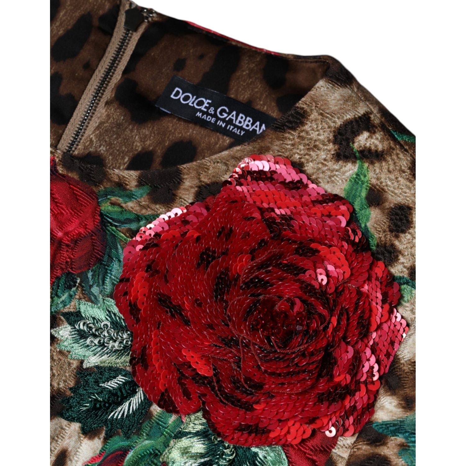 Dolce & Gabbana Brown Leopard Red Roses Cotton A-line Dress