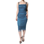 Dolce & Gabbana Blue Mesh Trim Ruched Tulle Sheath Dress