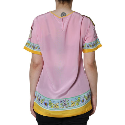 Dolce & Gabbana Pink Silk Araneine Siciliana Print Short Sleeves Top