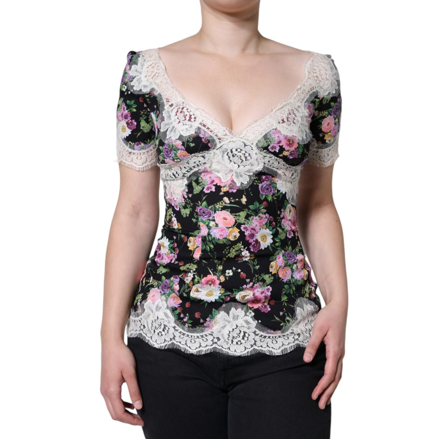 Dolce & Gabbana Black Floral Lace Short Sleeves Blouse Top