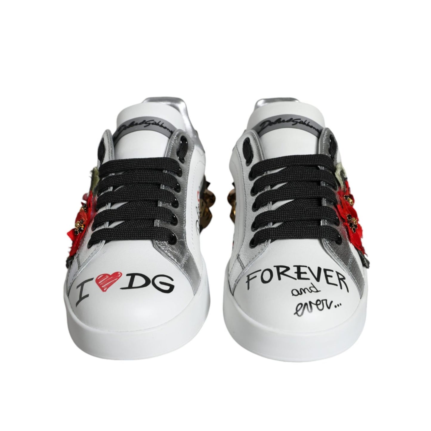 Dolce & Gabbana White Leather Floral Studded Sneakers Shoes