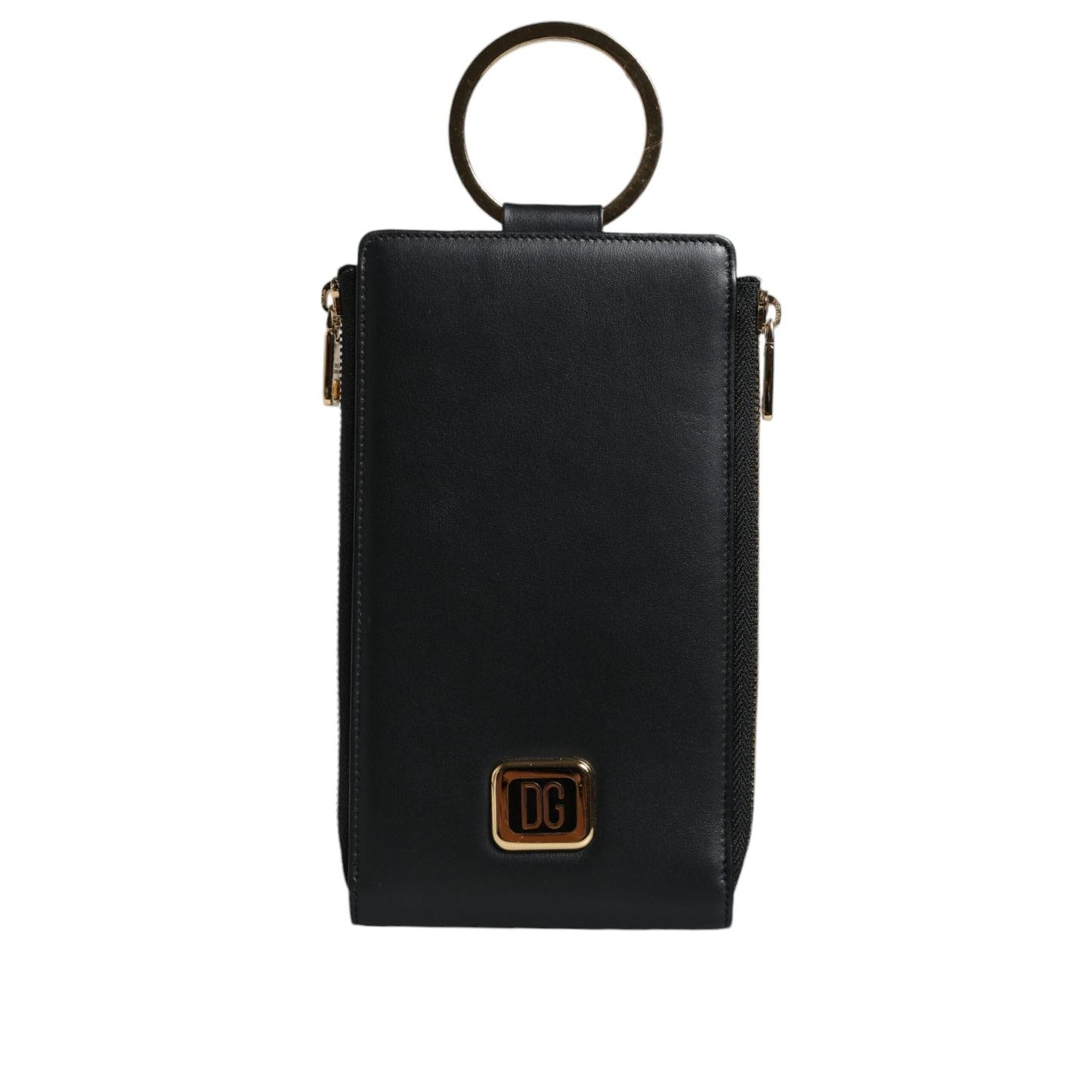 Dolce & Gabbana Black Leather Logo Plaque Neck Strap Card Coin Wallet