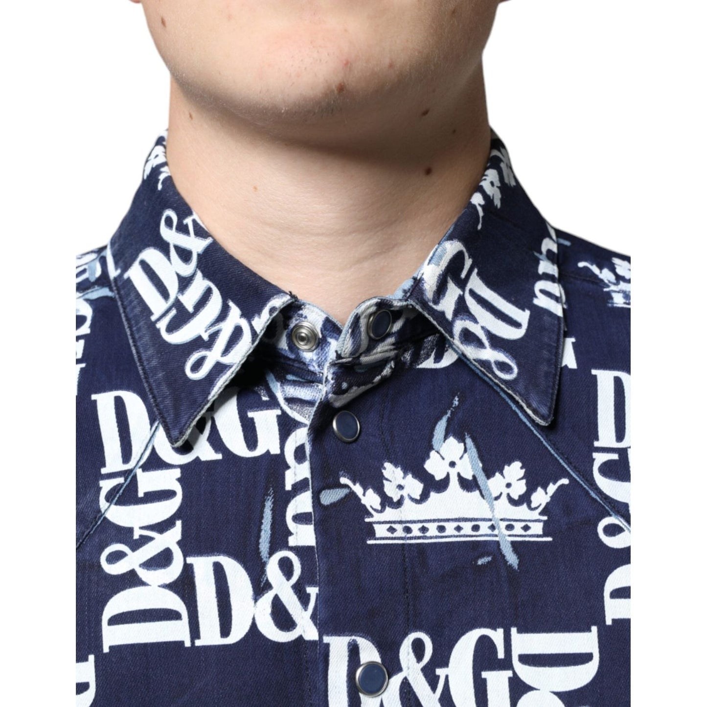 Dolce & Gabbana Blue Crown Logo Print Slim Fit Cotton Shirt TSH87099-38
