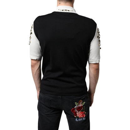 Dolce & Gabbana White Black Silk Studded Stone Crystal Shirt