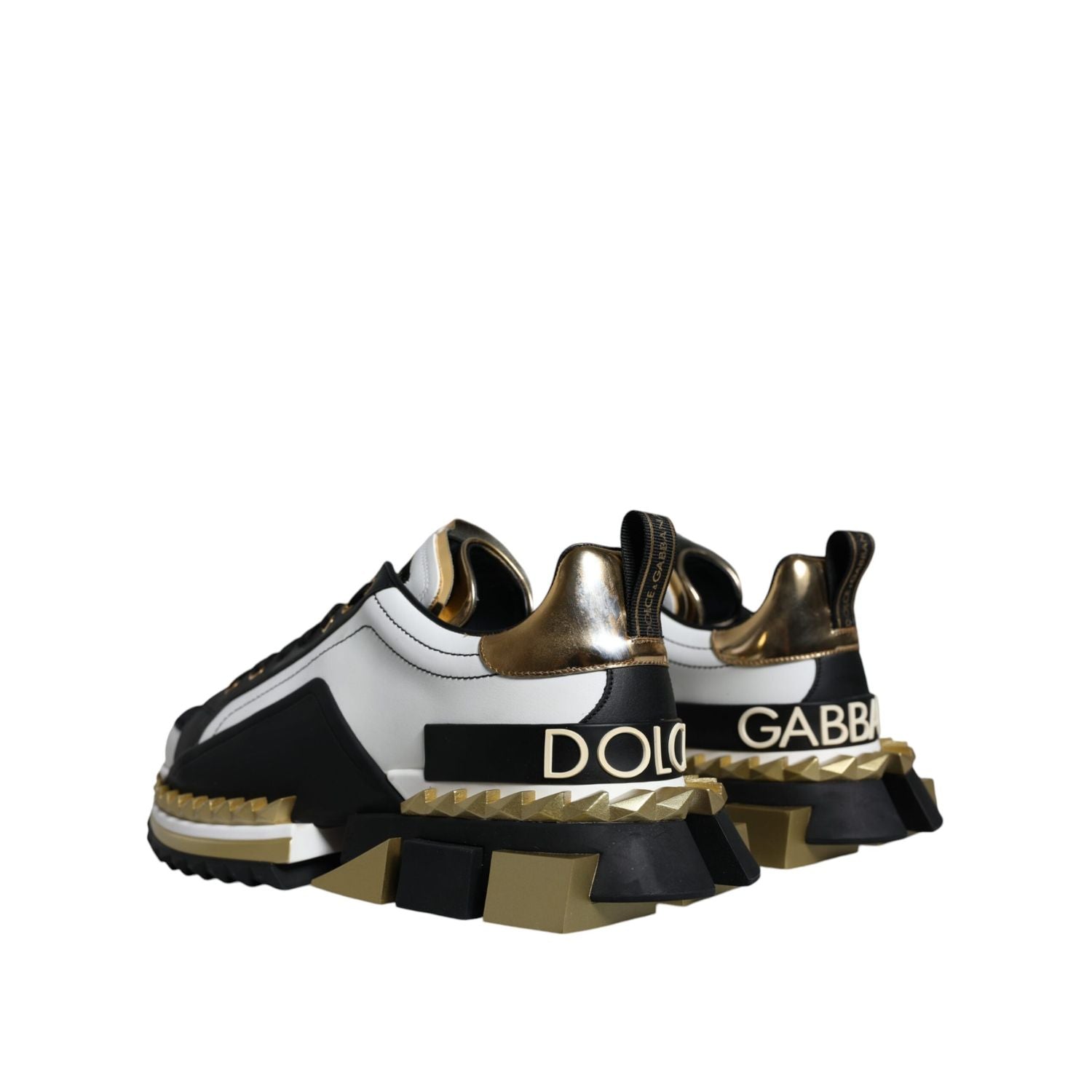 Dolce & Gabbana White Gold Black Leather SUPER KING Sneakers Shoes