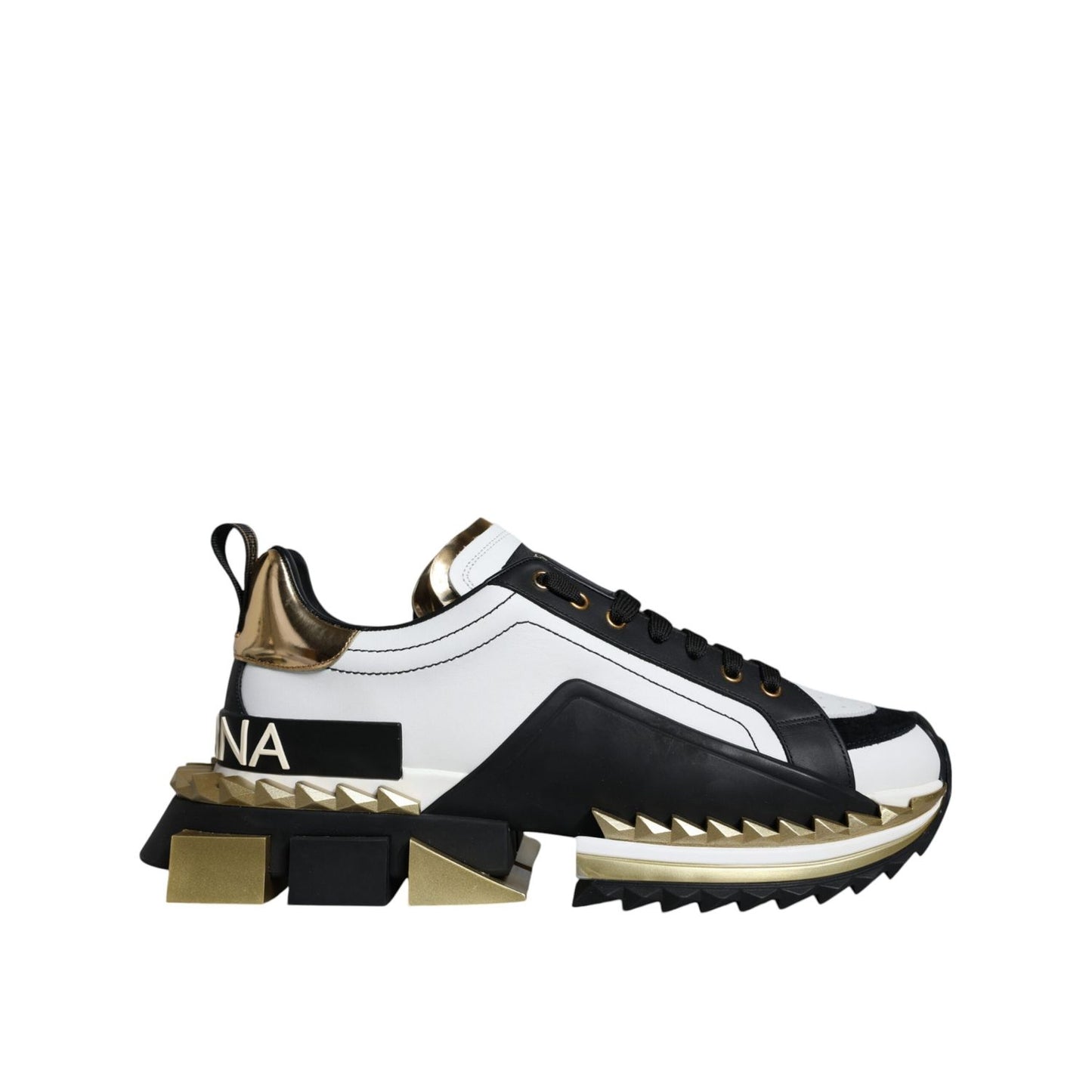 Dolce & Gabbana White Gold Black Leather SUPER KING Sneakers Shoes