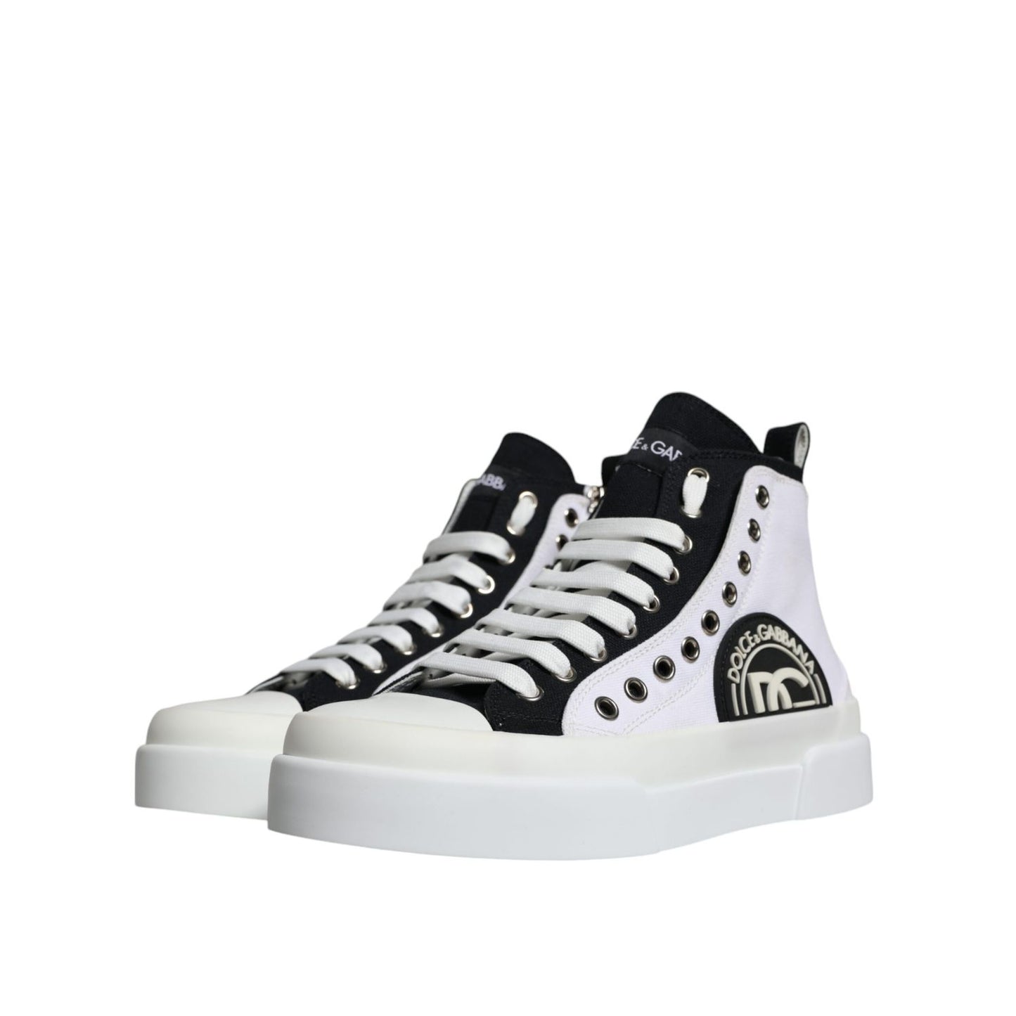 Dolce & Gabbana White Black Cotton Logo High Top Sneaker Shoes