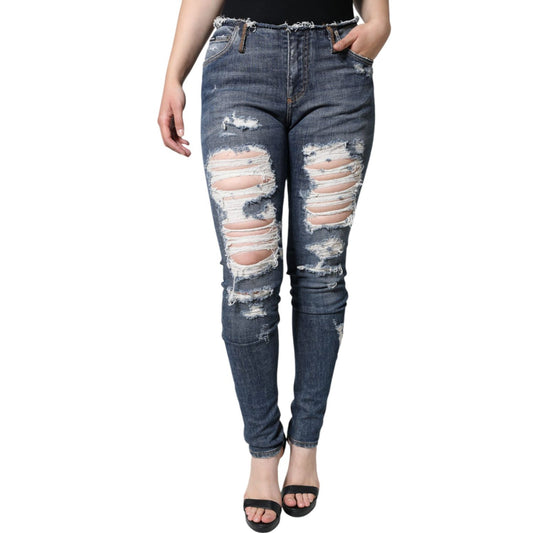 Dolce & Gabbana Blue Cotton Stretch Tattered Skinny Jeans