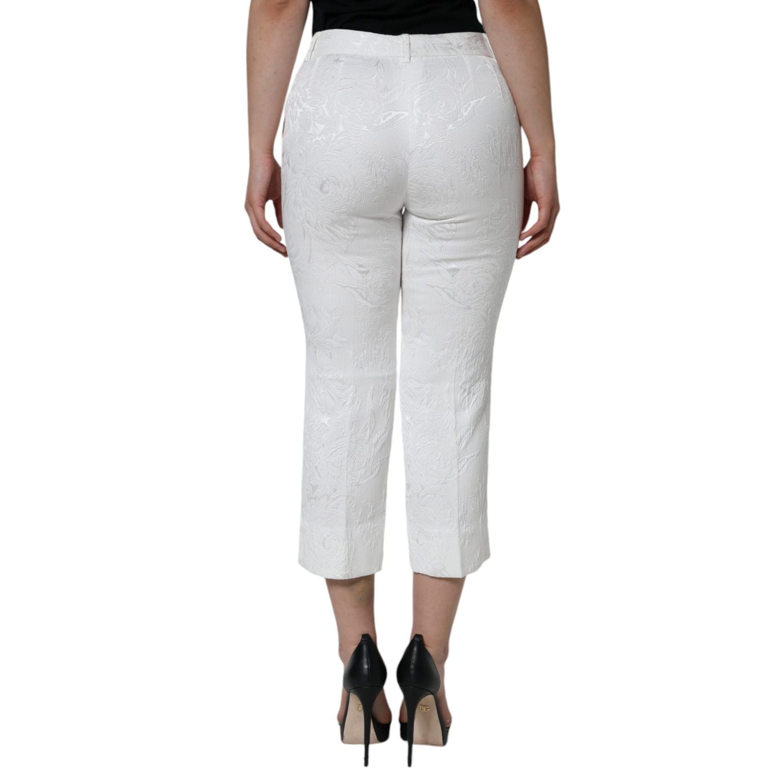 Dolce & Gabbana White Floral Brocade Cotton Cropped Pants