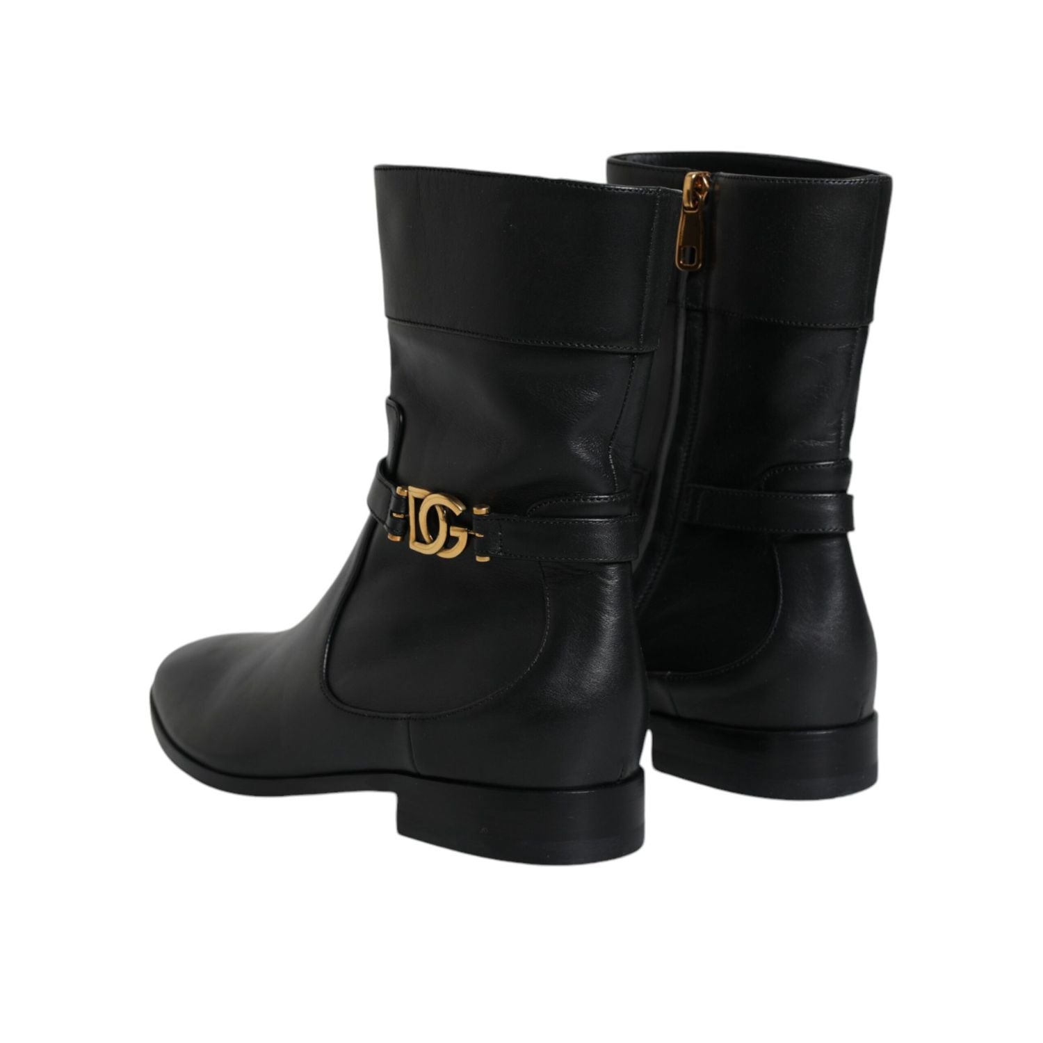 Dolce & Gabbana Black Leather Logo Mid Calf Boots Shoes