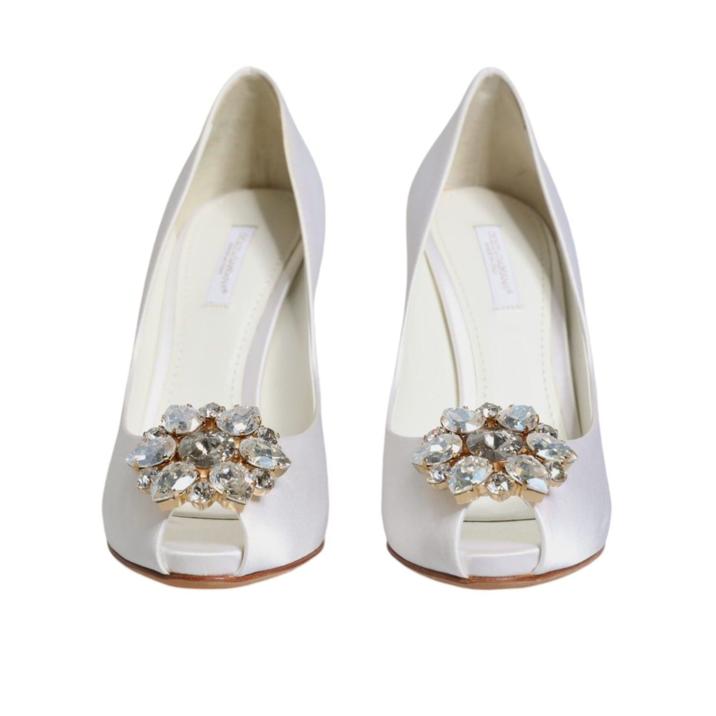 Dolce & Gabbana White Crystals Peep Toe Satin Pumps Shoes