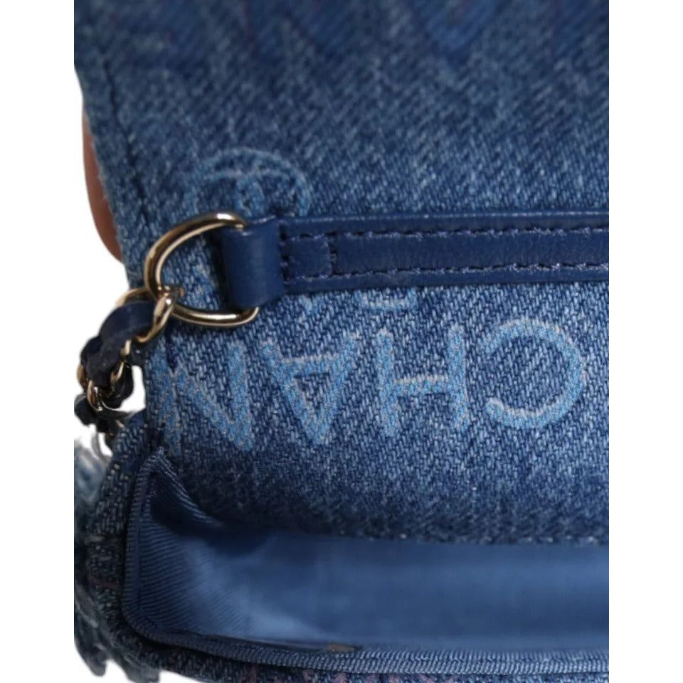Chanel Denim Mood Flap Micro Logo Printed Fringed Shoulder Bag CHA185