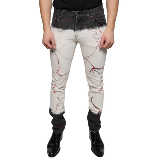 Dolce & Gabbana Black White Printed Skinny Men Denim Jeans