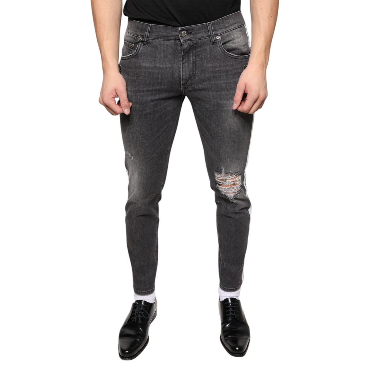 Dolce & Gabbana Black Tattered Cotton Skinny Men Denim Jeans