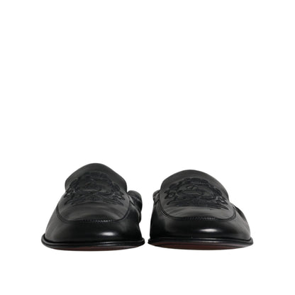 Dolce & Gabbana Black Logo Embroidered Leather Loafer Men Dress Shoes