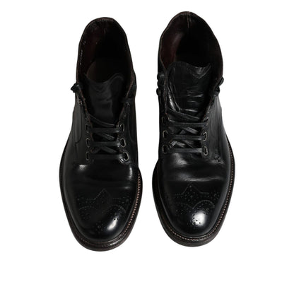Dolce & Gabbana Black Leather Men Short Boots Lace Up Shoes