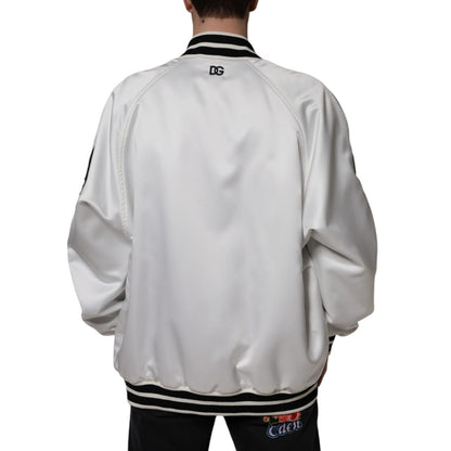 Dolce & Gabbana White Polyester Logo Full Zip Bomber Jacket