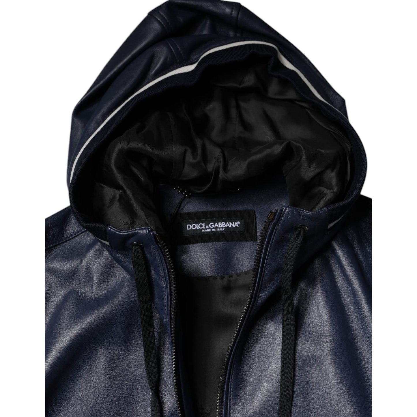 Dolce & Gabbana Blue Leather Full Zip Hooded Bomber Jacket