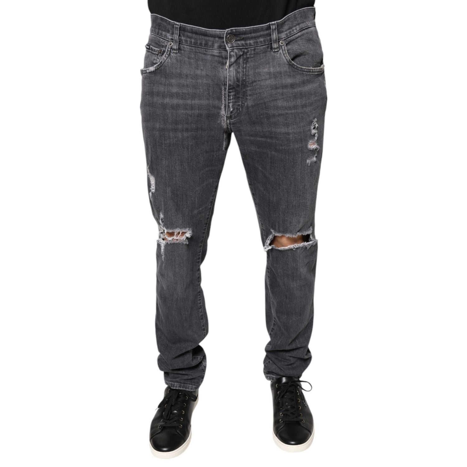 Dolce & Gabbana Dark Gray Tattered Cotton Skinny Denim Jeans