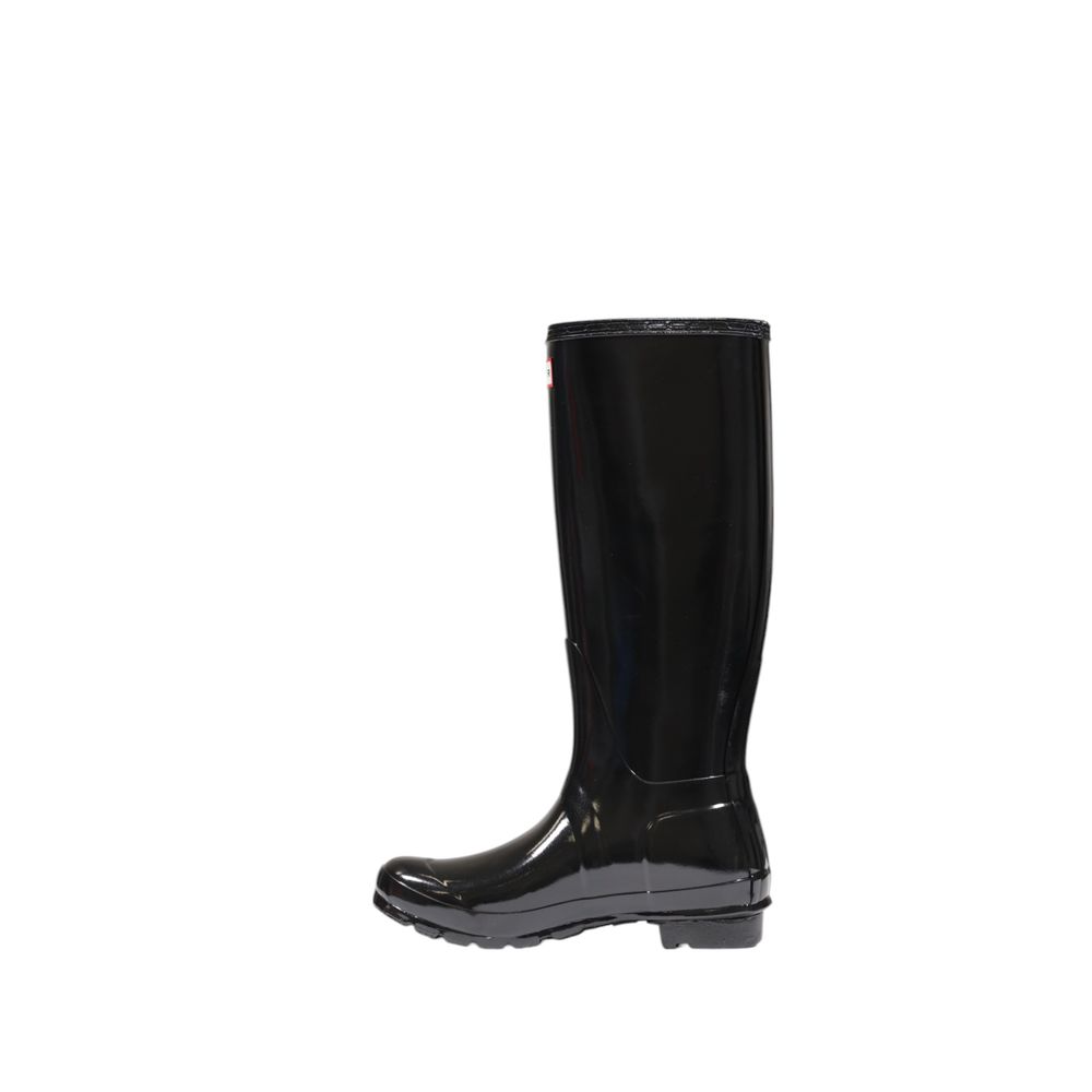 Hunter Black Recycled Polyester Ankle boot, tall design, non-slip sole, adjustable buckle, ideal for rain and outdoor activities.