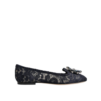 Dolce & Gabbana Blue Taormina Lace Crystals Flats Shoes