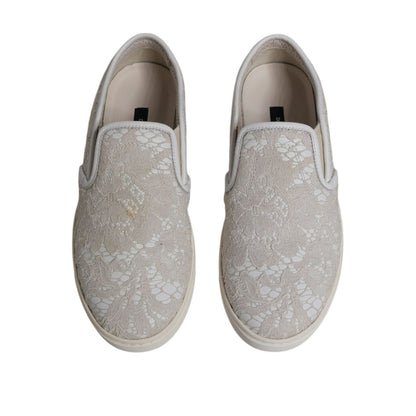 Dolce & Gabbana White Floral Lace Slip On Loafers Shoes
