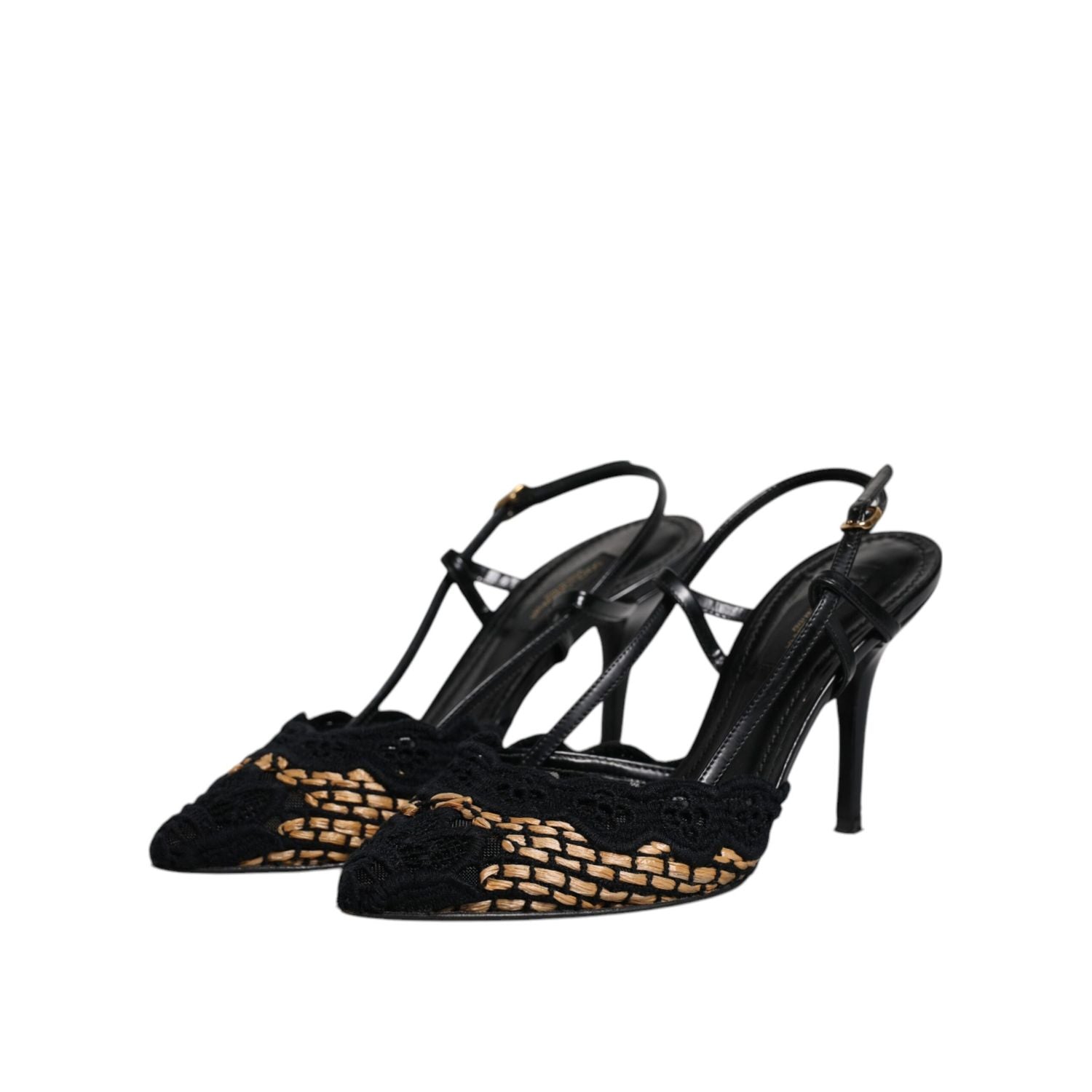 Dolce & Gabbana Black Brown Lace High Heels Slingback Shoes