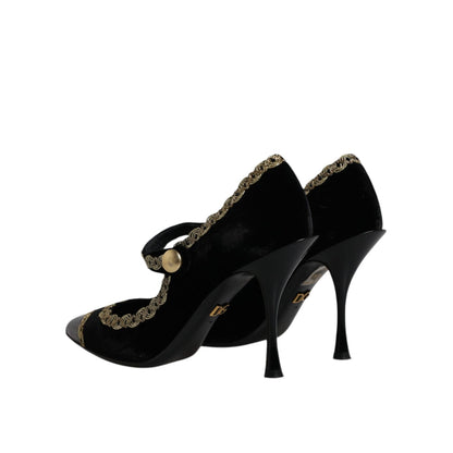 Dolce & Gabbana Black Velvet Gold Mary Janes Pumps Shoes