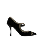 Dolce & Gabbana Black Velvet Gold Mary Janes Pumps Shoes