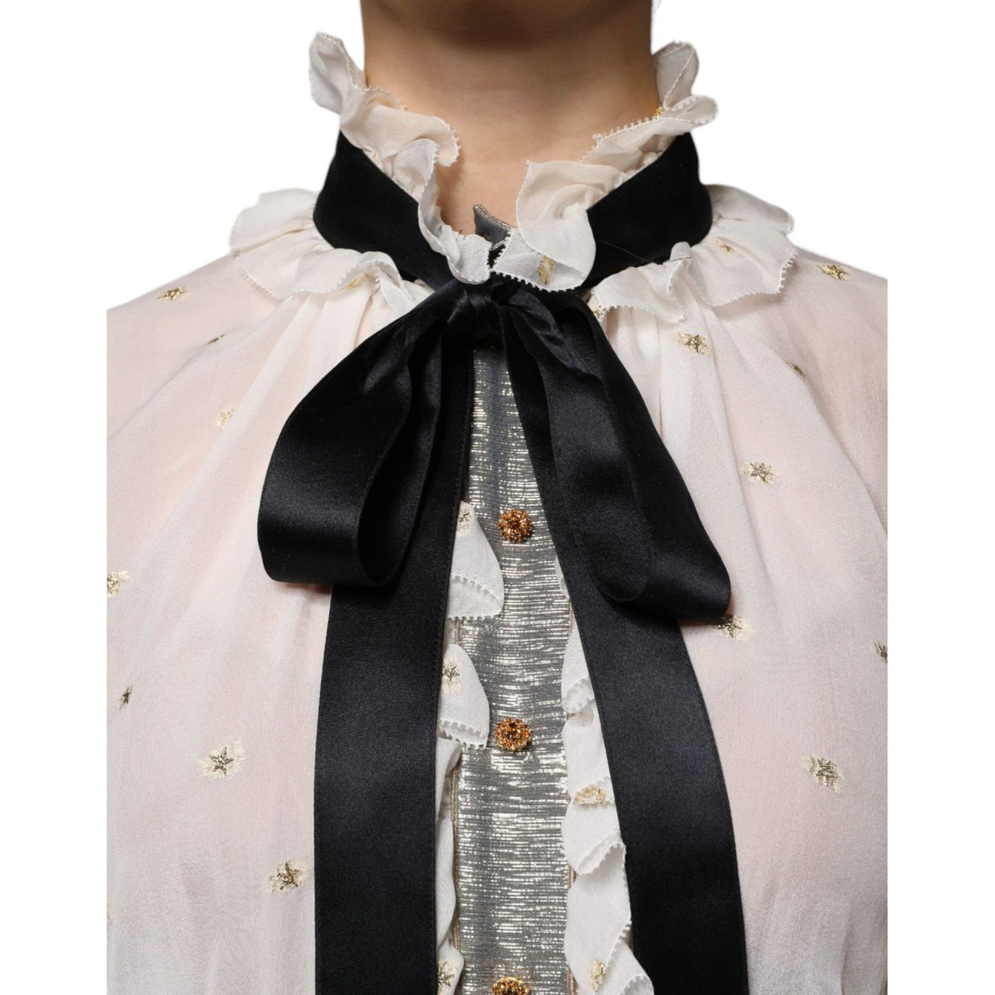 Dolce & Gabbana Off White Silk Blend Ascot Collar Blouse Top TSH86769-40