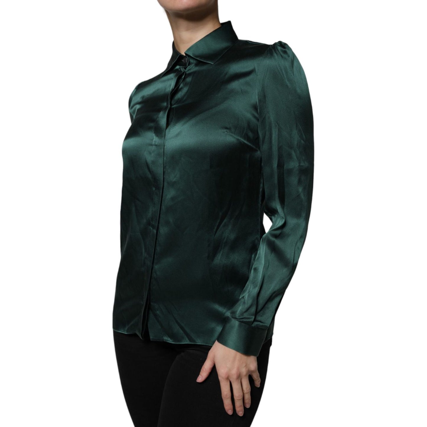 Dolce & Gabbana Dark Green Silk Button Down Long Sleeves Blouse Top TSH86790-40