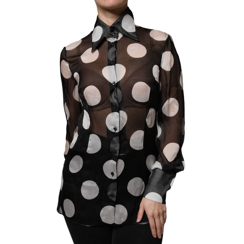 Dolce & Gabbana Black White Polka Dots Silk Long Sleeves Top TSH86801-42