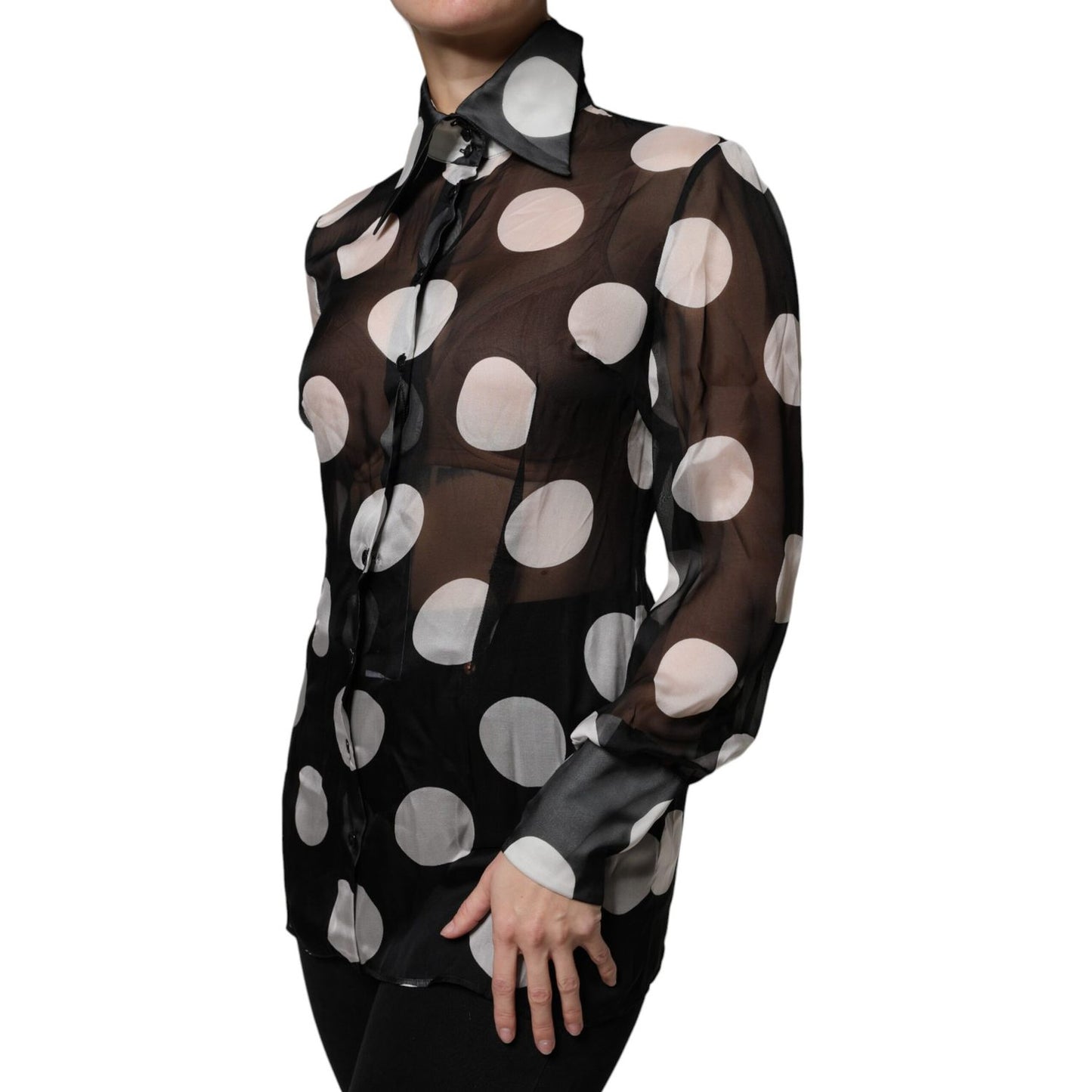 Dolce & Gabbana Black White Polka Dots Silk Long Sleeves Top TSH86801-42