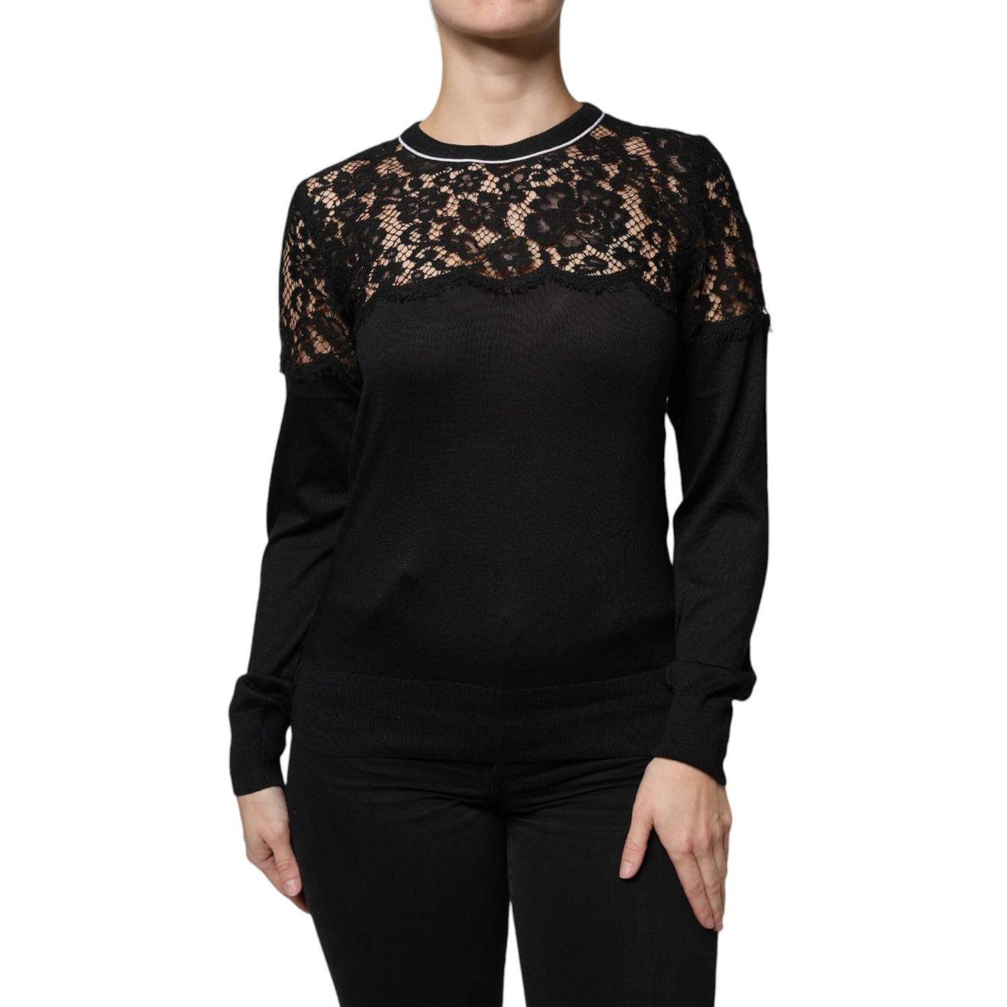 Dolce & Gabbana Black Floral Lace Silk Pullover Blouse Top