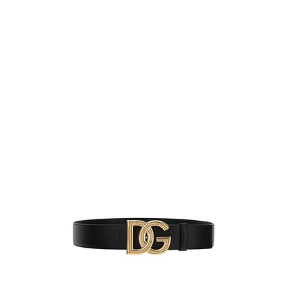 Dolce & Gabbana Black Calf Leather Bos Taurus Regular Belt with metallic monogram buckle