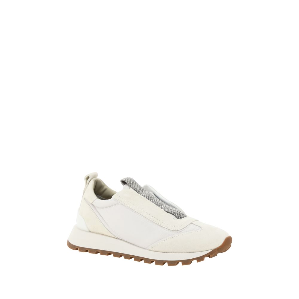 Brunello Cucinelli White Rubber Low Top Sneakers with slip-on design, round toe, and suede details, featuring iconic monogram on heel.