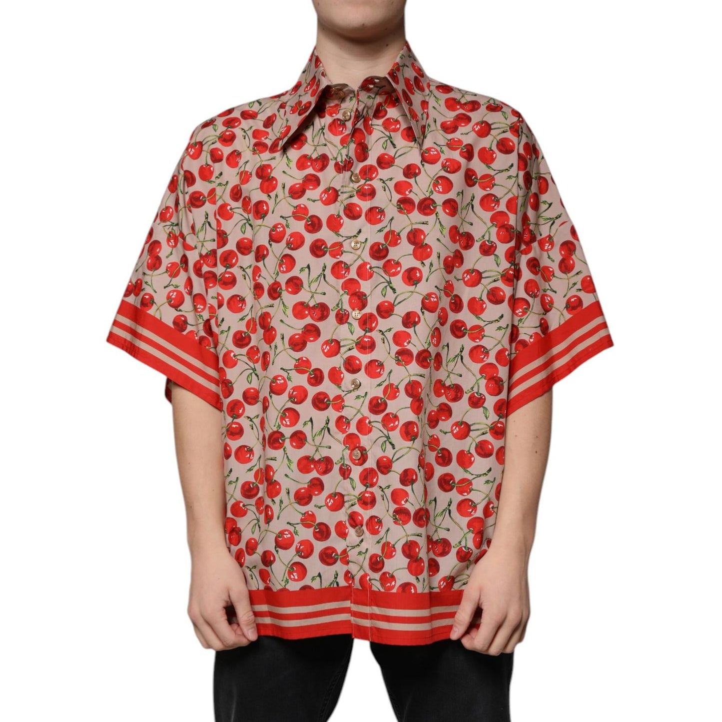 Dolce & Gabbana Beige Cherry Button Down Men Casual Shirt TSH87291-40