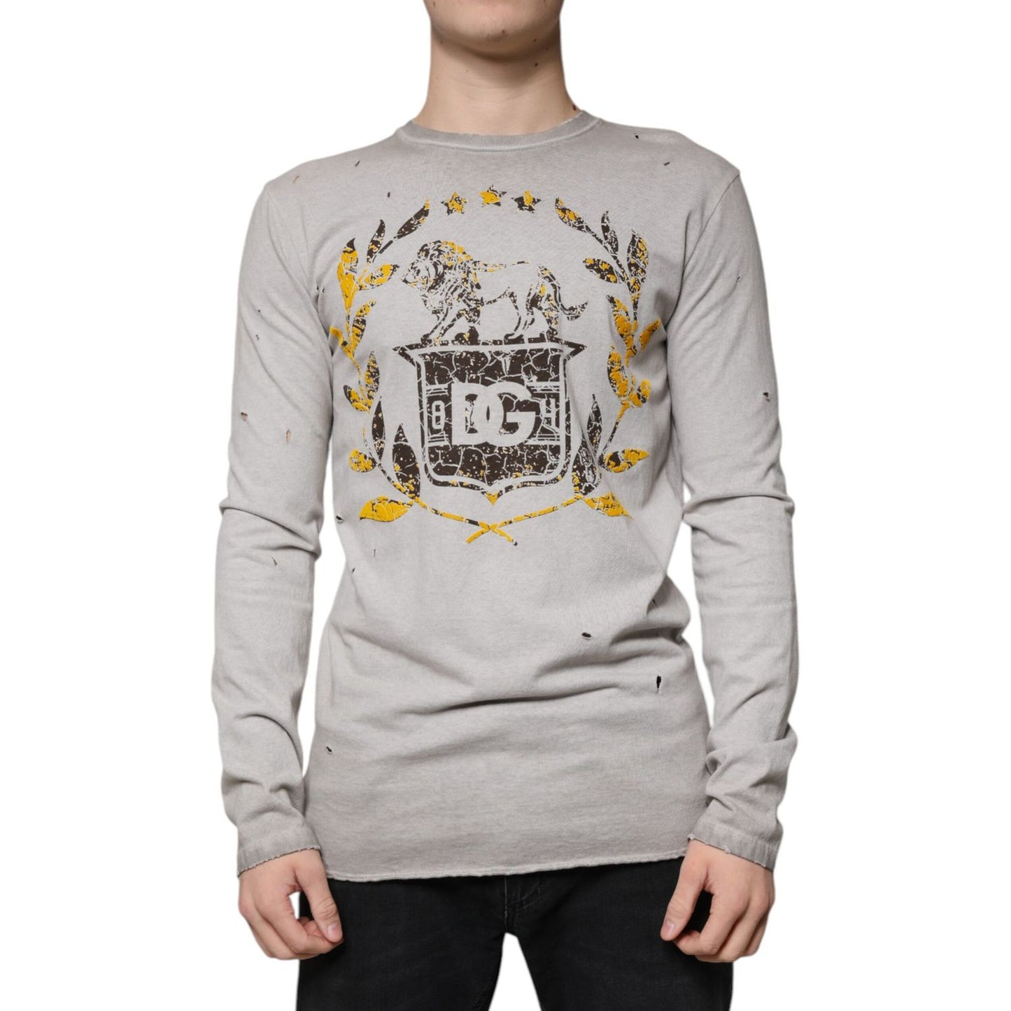 Dolce & Gabbana Gray Printed Cotton Crewneck Pullover Sweater TSH87326-48