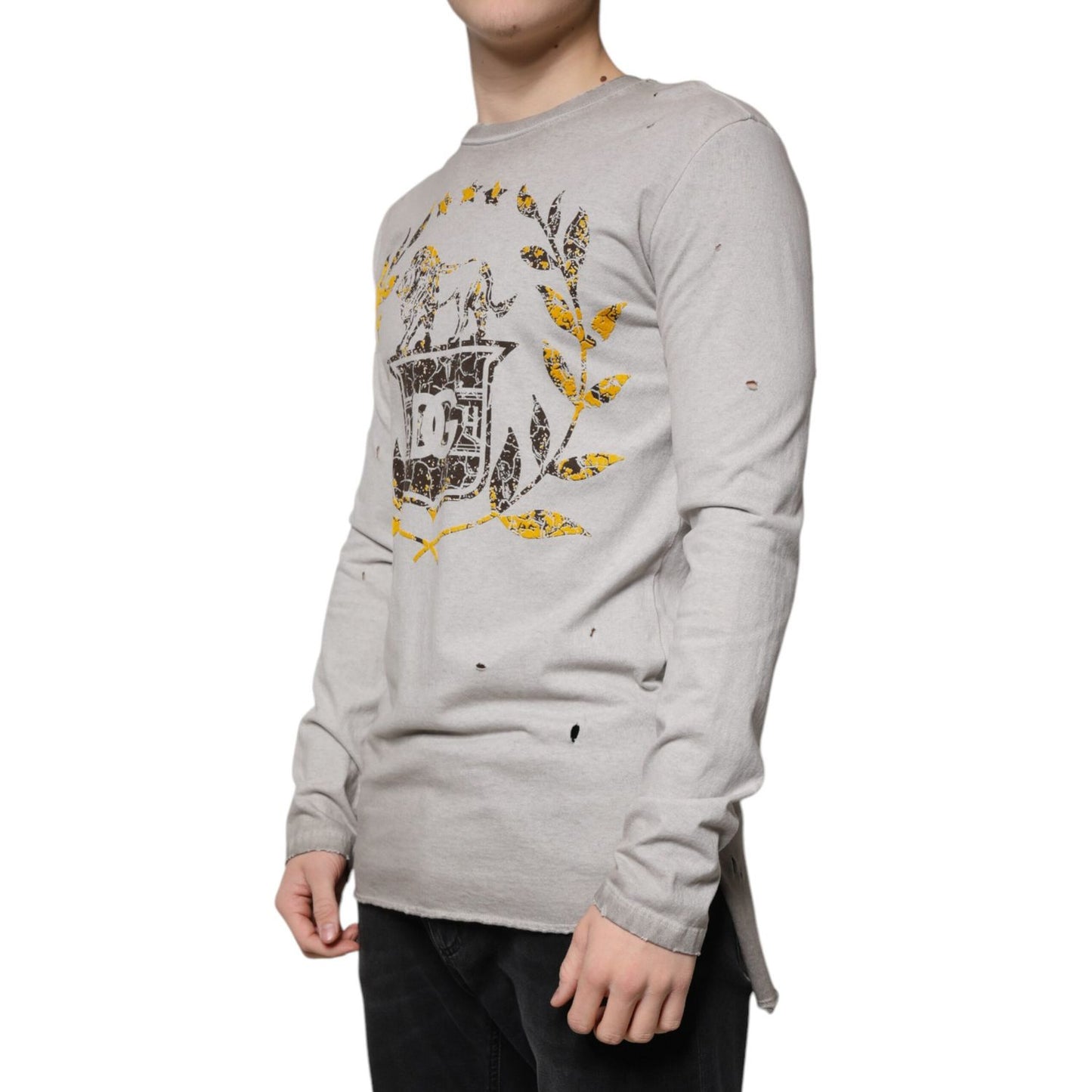 Dolce & Gabbana Gray Printed Cotton Crewneck Pullover Sweater TSH87326-48
