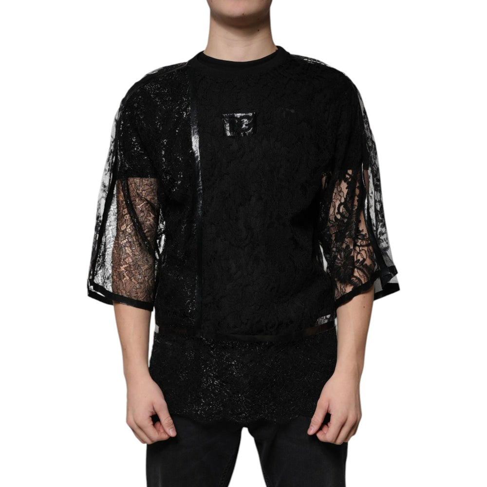 Dolce & Gabbana Black Nylon Floral Lace Crew Neck T-shirt TSH87295-50