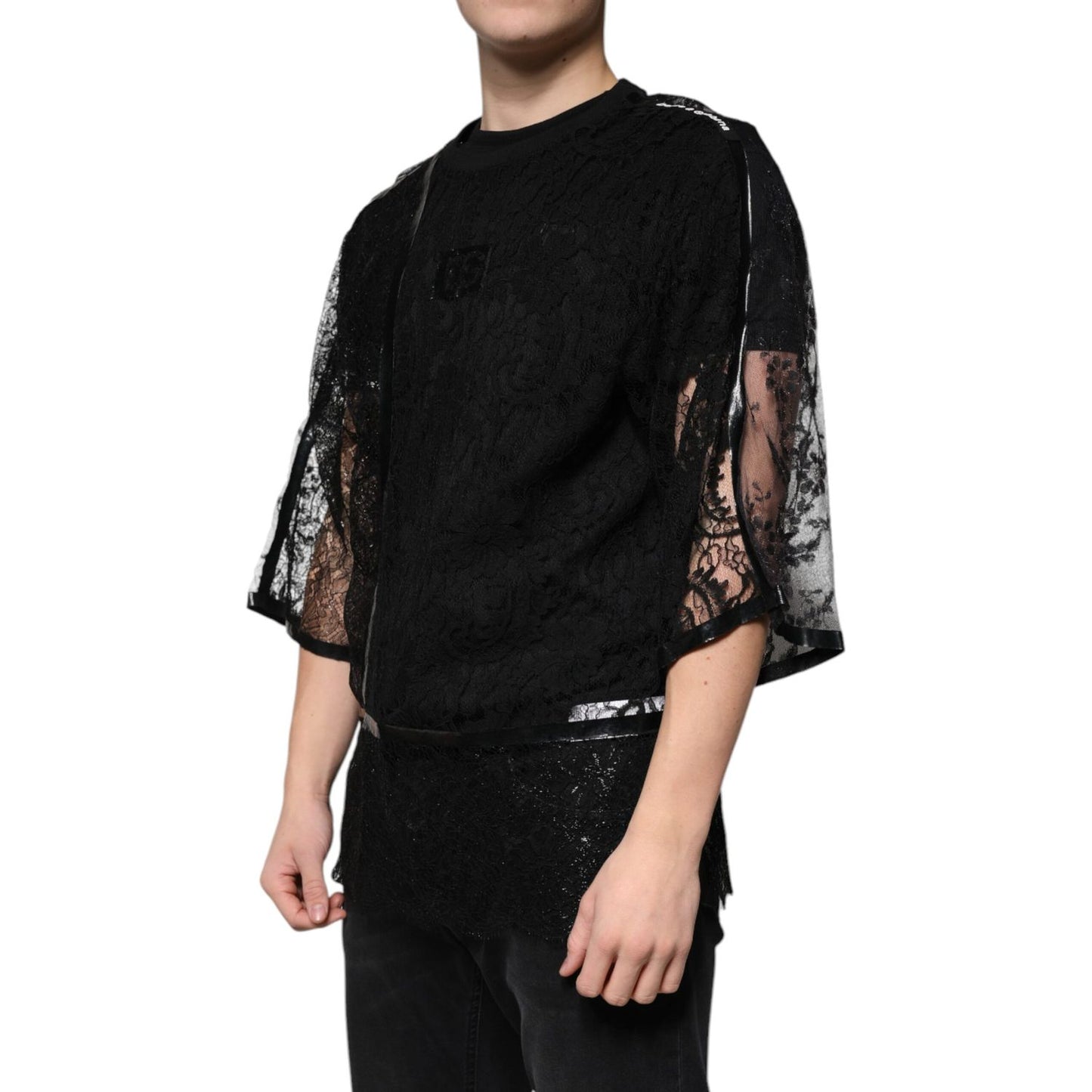Dolce & Gabbana Black Nylon Floral Lace Crew Neck T-shirt TSH87295-50