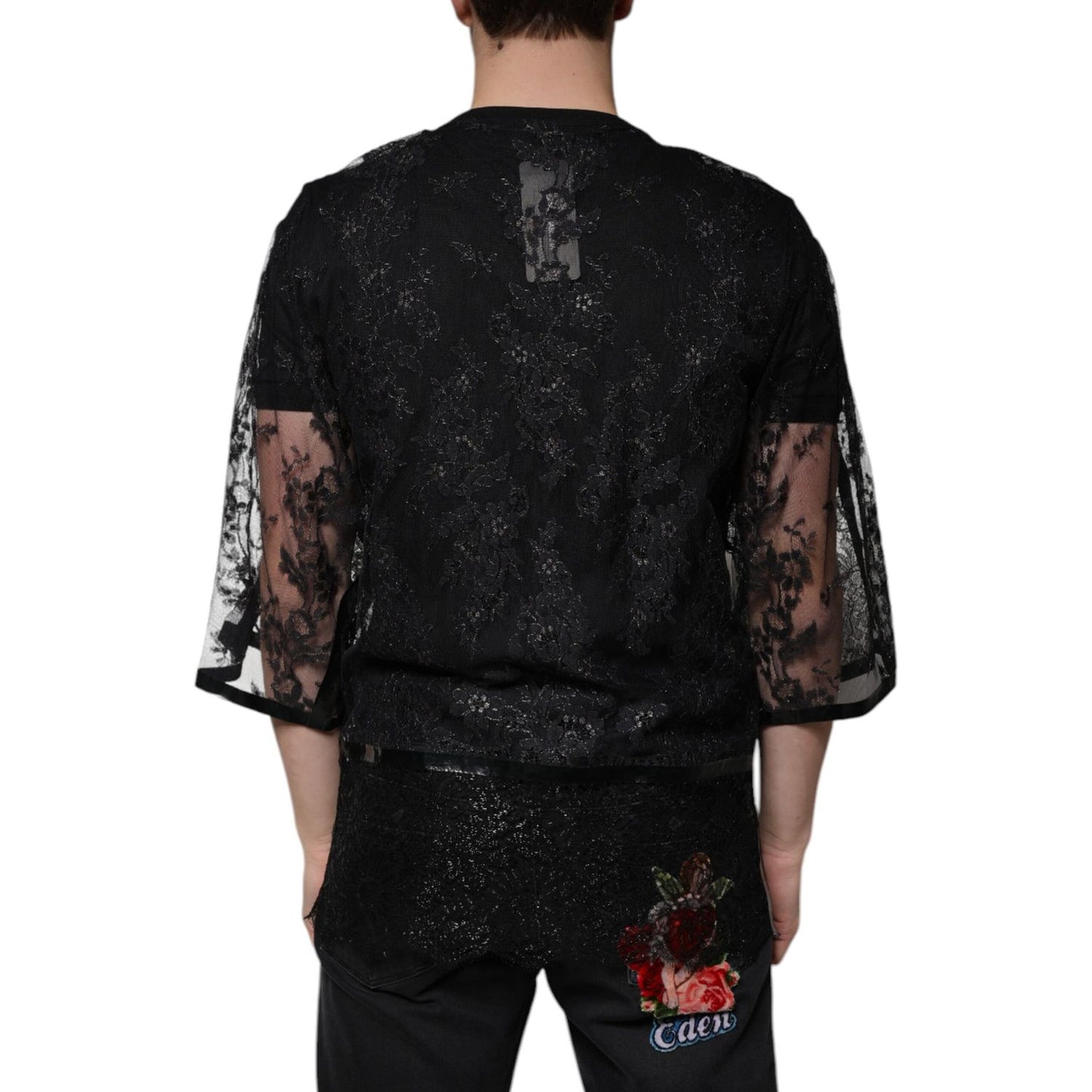 Dolce & Gabbana Black Nylon Floral Lace Crew Neck T-shirt TSH87295-50