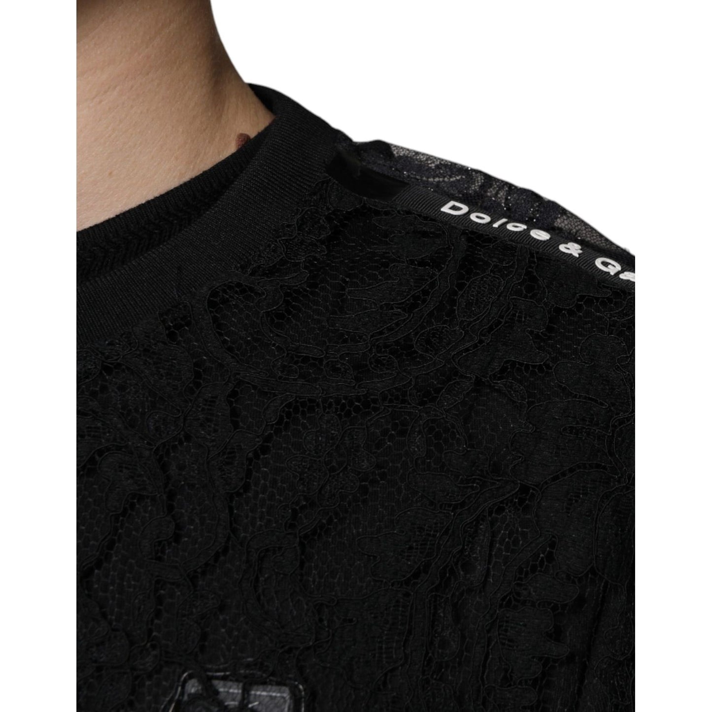 Dolce & Gabbana Black Nylon Floral Lace Crew Neck T-shirt TSH87295-50