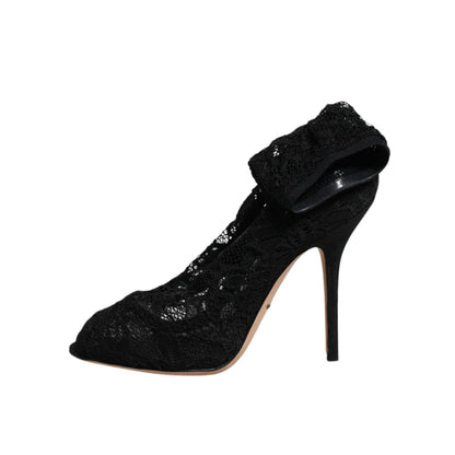 Dolce & Gabbana Black Lace Stretch Heels Mid Calf Boots Shoes