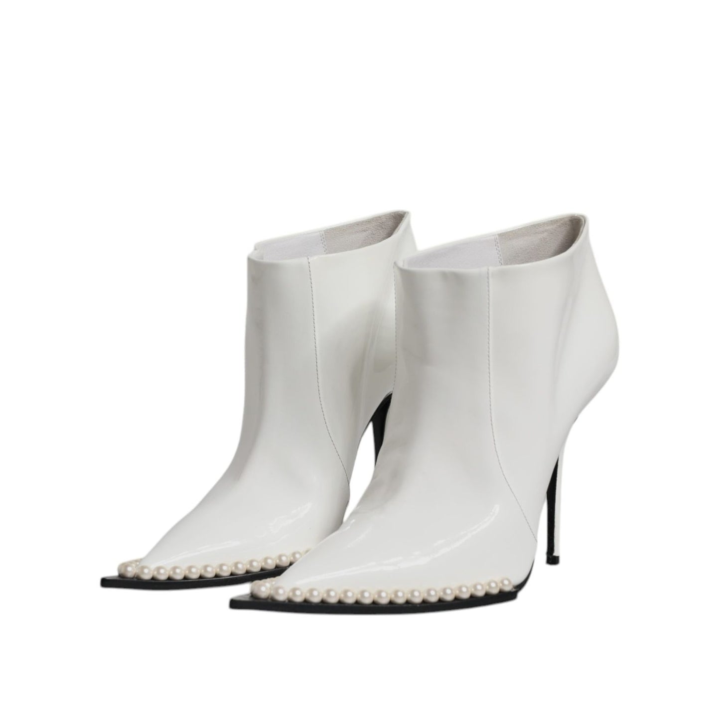 Dolce & Gabbana White Faux Pearl Leather Pointed Toe Ankle Boot Shoes LA12070-39
