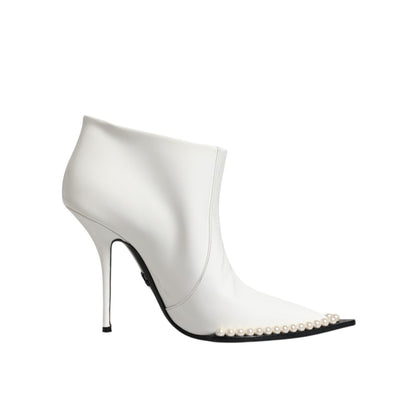 Dolce & Gabbana White Faux Pearl Leather Pointed Toe Ankle Boot Shoes