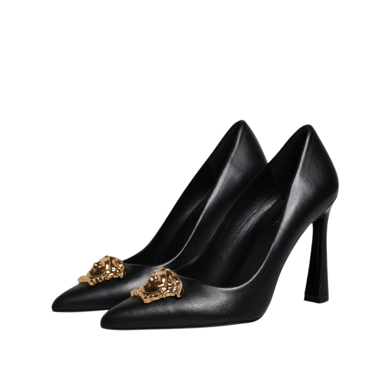 Versace Black Leather Logo Plaque High Heels Pumps Shoes