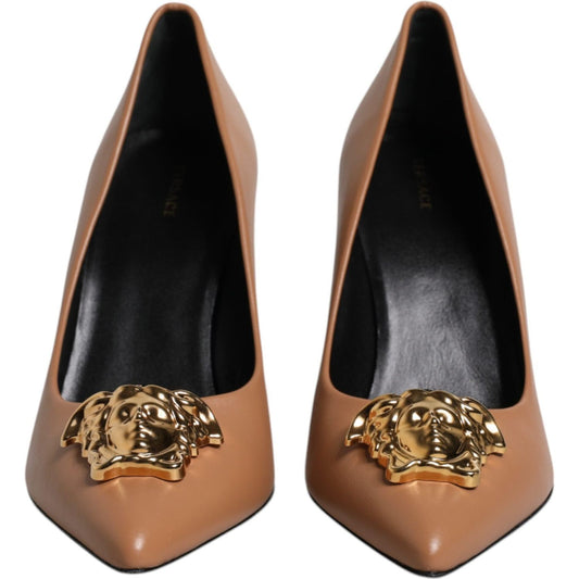 Versace Brown Leather Logo Plaque High Heels Pumps Shoes